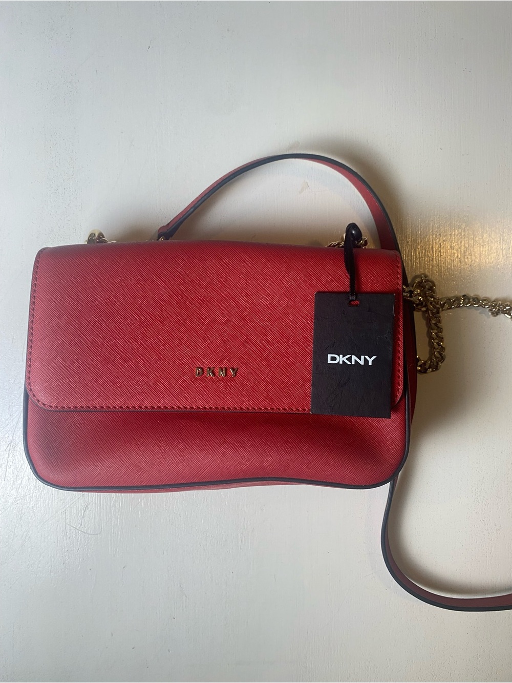 DKNY Sina Red Leather Crossbody with Gold Chain Accent NWT!